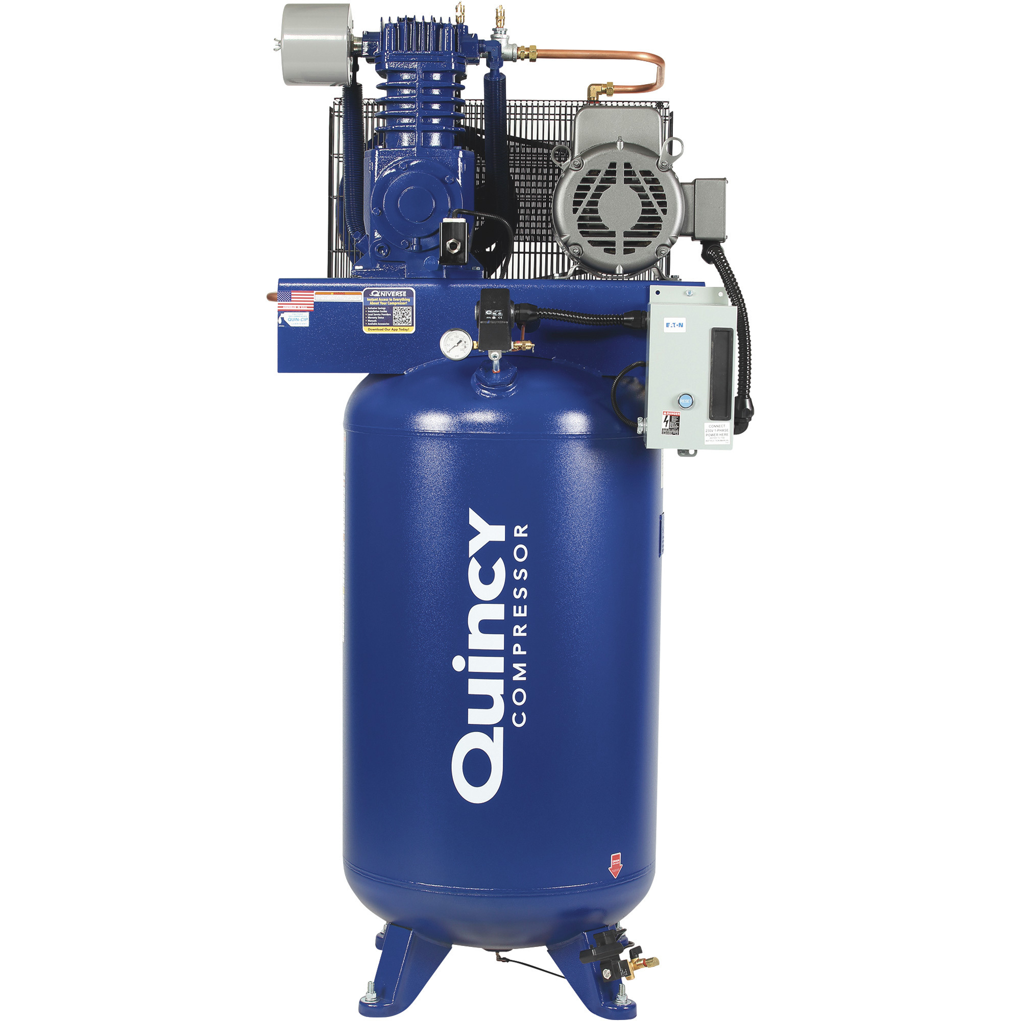Quincy QT-7.5 Splash Lubricated Reciprocating Air Compressor with MAX Package, 7.5 HP, 230 Volt, 1 Phase, 80 Gallon Vertical, Model# 271C80VCBM